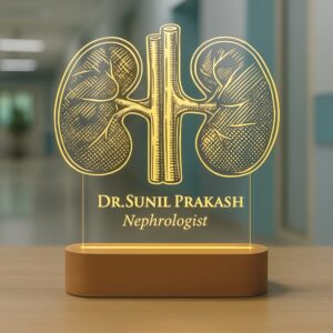 Custom LED night lamp featuring an engraved anatomical kidney illustration with the name “Dr. Sunil Prakash – Nephrologist,” glowing warmly on a wooden base in a hospital setting.