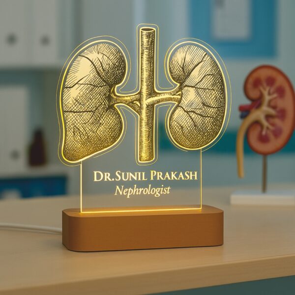 Custom LED night lamp featuring an engraved anatomical kidney illustration with the name “Dr. Sunil Prakash – Nephrologist,” glowing warmly on a wooden base in a hospital setting.