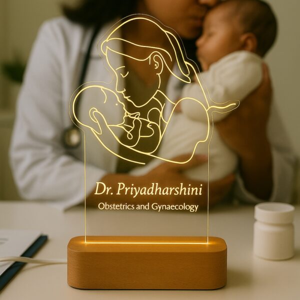 Personalized LED night lamp featuring a glowing line art illustration of a mother holding her newborn, engraved with “Dr. Priyadharshini – Obstetrics and Gynaecology,” displayed on a wooden base.