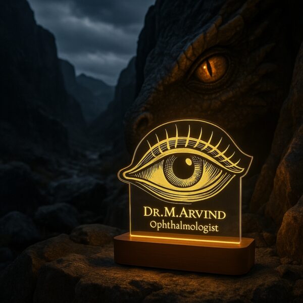 Personalized LED night lamp with an engraved anatomical eye illustration and the name “Dr. M. Arvind – Ophthalmologist,” glowing on a wooden base in a clinic setting.