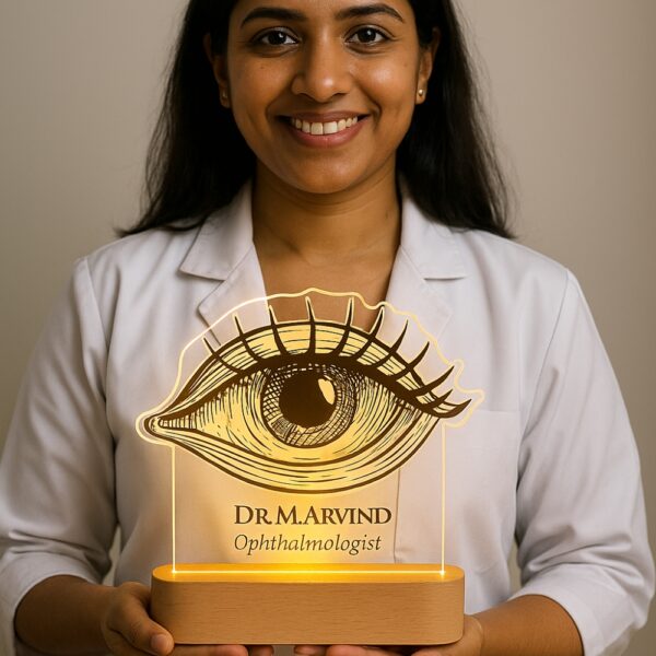 Personalized LED night lamp with an engraved anatomical eye illustration and the name “Dr. M. Arvind – Ophthalmologist,” glowing on a wooden base in a clinic setting.