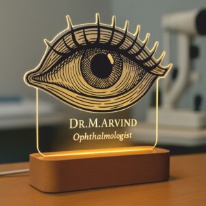 Personalized LED night lamp with an engraved anatomical eye illustration and the name “Dr. M. Arvind – Ophthalmologist,” glowing on a wooden base in a clinic setting.
