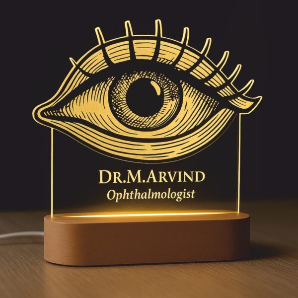 Personalized LED night lamp with an engraved anatomical eye illustration and the name “Dr. M. Arvind – Ophthalmologist,” glowing on a wooden base in a clinic setting.