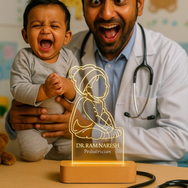 LED night lamp featuring an engraved outline of a baby sitting with a beanie, with the name “Dr. Ram Naresh – Pediatrician” glowing warmly on a wooden base in a hospital setting.