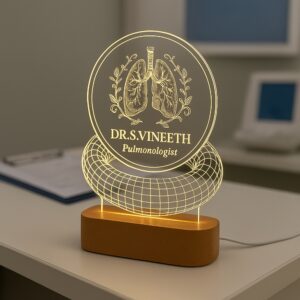 Personalized LED night lamp featuring an anatomical lung illustration, floral wreath, and the name “Dr. S. Vineeth – Pulmonologist,” glowing on a wooden base in a clinic setting.