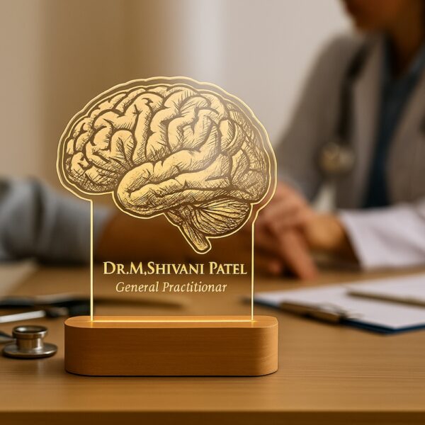 Personalized LED night lamp featuring a detailed brain illustration with the name “Dr. M. Shivani Patel – General Practitioner,” glowing warmly on a wooden base placed on a doctor’s desk.