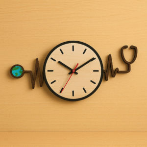 Doctor wall clock with heartbeat line, stethoscope, and Earth symbol – perfect for clinic decor