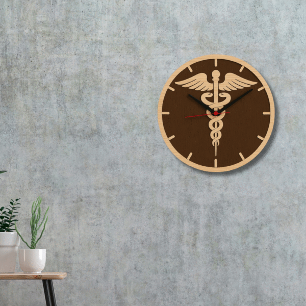 Doctor wooden wall clock with caduceus medical symbol – ideal for hospital or clinic decor