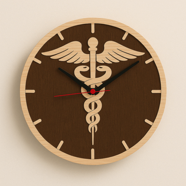 Doctor wooden wall clock with caduceus medical symbol – ideal for hospital or clinic decor