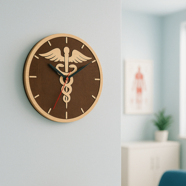Doctor wooden wall clock with caduceus medical symbol – ideal for hospital or clinic decor