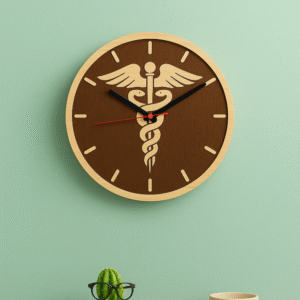Doctor wooden wall clock with caduceus medical symbol – ideal for hospital or clinic decor