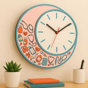 Colorful wall clock with doctor-themed medical icons – designed for clinic and hospital walls