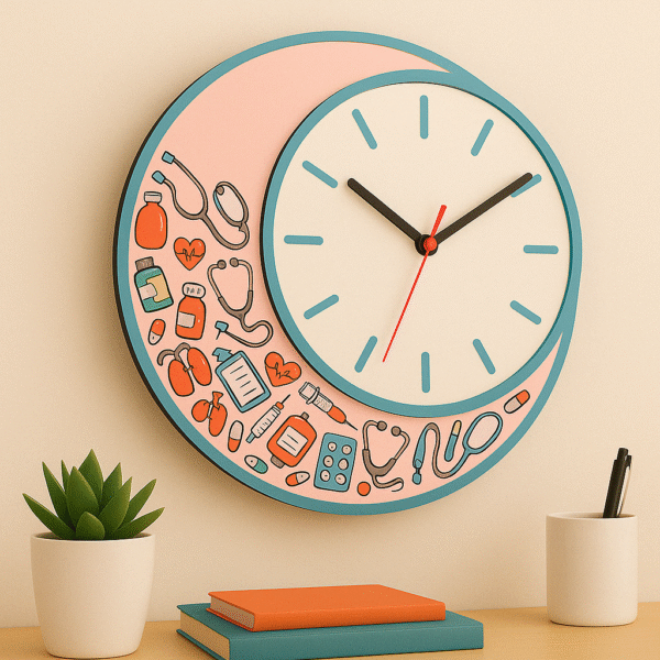 Colorful wall clock with doctor-themed medical icons – designed for clinic and hospital walls