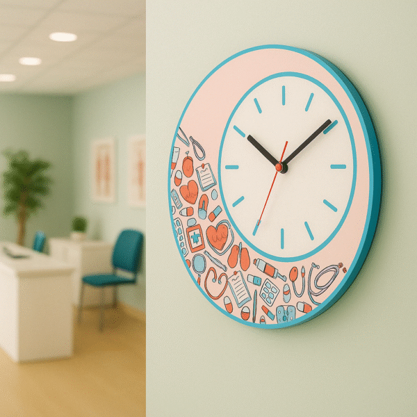 Colorful wall clock with doctor-themed medical icons – designed for clinic and hospital walls