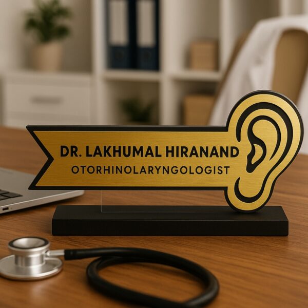 ENT doctor desk name plate with ear icon – gold acrylic name board for otorhinolaryngologists