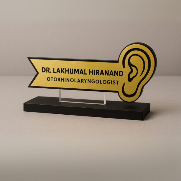 ENT doctor desk name plate with ear icon – gold acrylic name board for otorhinolaryngologists