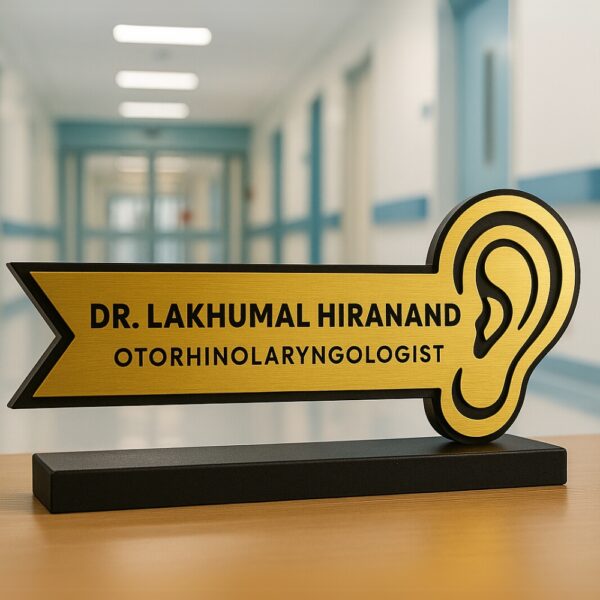 ENT doctor desk name plate with ear icon – gold acrylic name board for otorhinolaryngologists
