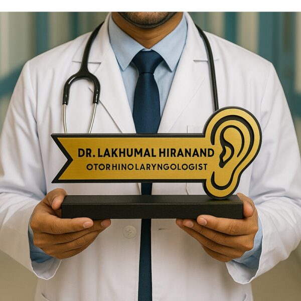 ENT doctor desk name plate with ear icon – gold acrylic name board for otorhinolaryngologists