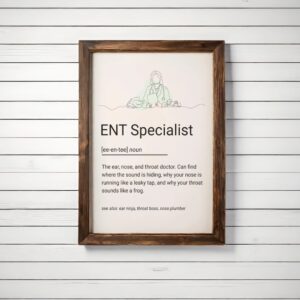Minimalist ENT Specialist illustration poster with quirky definition and line art of a doctor holding a clipboard with ENT tools.