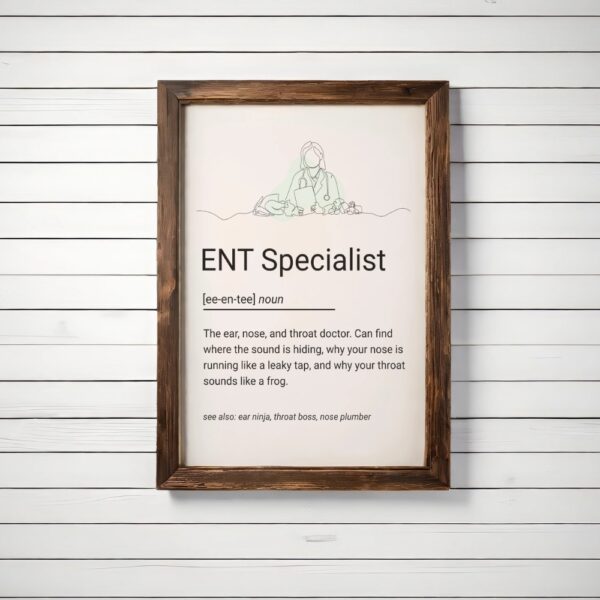 Minimalist ENT Specialist illustration poster with quirky definition and line art of a doctor holding a clipboard with ENT tools.