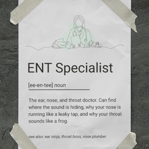 Minimalist ENT Specialist illustration poster with quirky definition and line art of a doctor holding a clipboard with ENT tools.