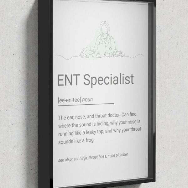 Minimalist ENT Specialist illustration poster with quirky definition and line art of a doctor holding a clipboard with ENT tools.