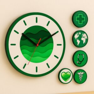 Modern green doctor wall clock with medical icons – ideal for clinic or hospital decor