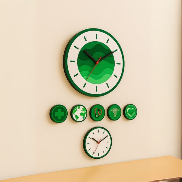 Modern green doctor wall clock with medical icons – ideal for clinic or hospital decor