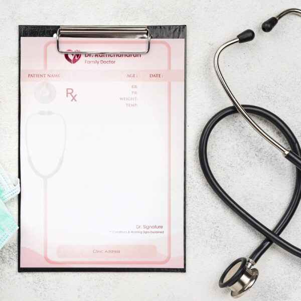 Personalized pink-themed prescription pad for Dr. Ramchandran, Family Doctor, featuring a stethoscope border, structured patient information fields, and clean Rx layout.