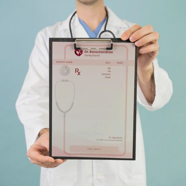 Personalized pink-themed prescription pad for Dr. Ramchandran, Family Doctor, featuring a stethoscope border, structured patient information fields, and clean Rx layout.