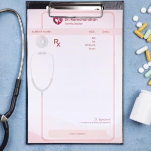 Personalized pink-themed prescription pad for Dr. Ramchandran, Family Doctor, featuring a stethoscope border, structured patient information fields, and clean Rx layout.