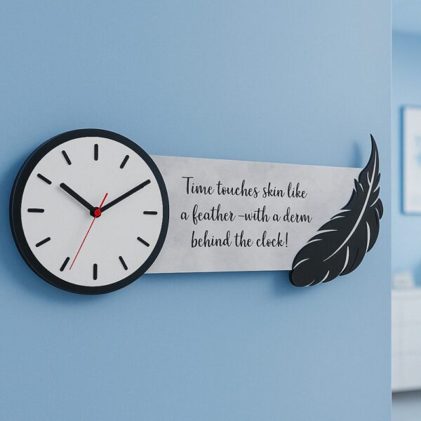 Wall clock for dermatologists with feather design and skin quote – perfect for clinic or hospital use