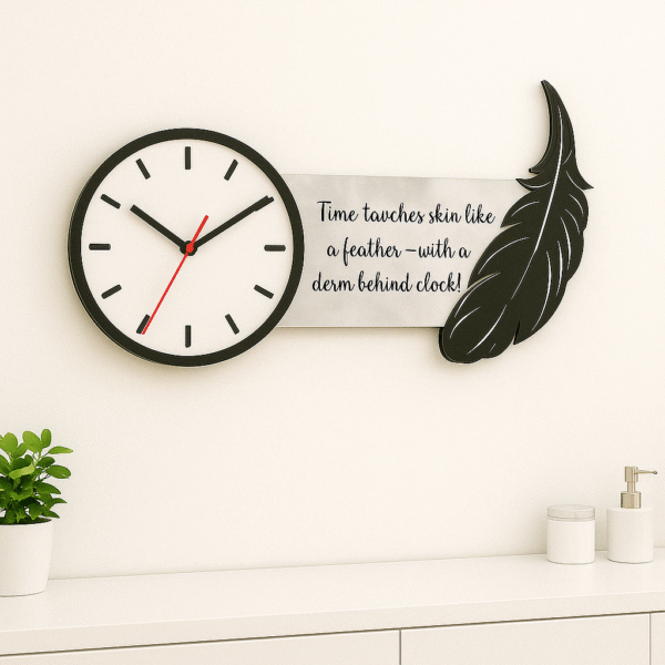 Wall clock for dermatologists with feather design and skin quote – perfect for clinic or hospital use