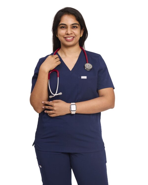 Female doctor in navy blue scrub set with stethoscope and tablet – breathable wrinkle-free medical uniform