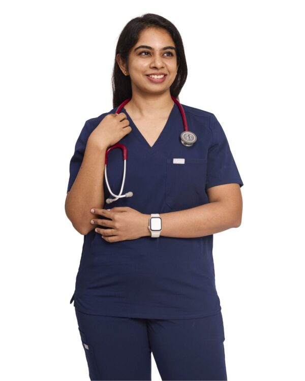 Female doctor in navy blue scrub set with stethoscope and tablet – breathable wrinkle-free medical uniform