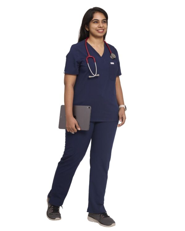Female doctor in navy blue scrub set with stethoscope and tablet – breathable wrinkle-free medical uniform