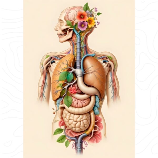 Artistic human anatomy illustration with internal organs and floral elements – doctor wall poster
