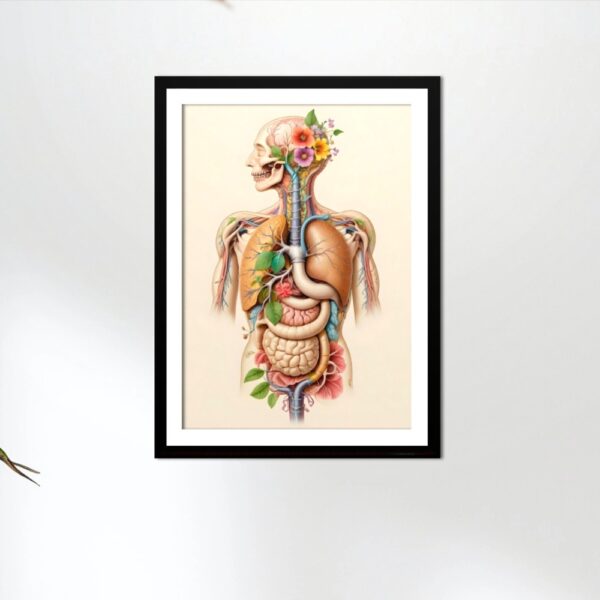 Artistic human anatomy illustration with internal organs and floral elements – doctor wall poster