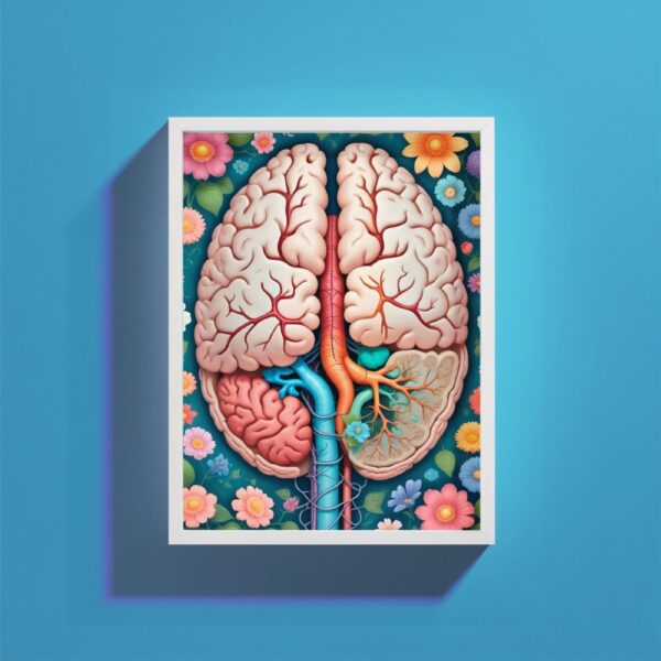 Stylized brain and lungs anatomy poster with colorful floral background – ideal for doctors and clinics