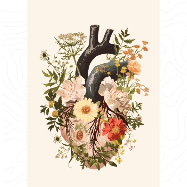 Artistic anatomical heart illustration with blooming botanical flowers – doctor wall decor