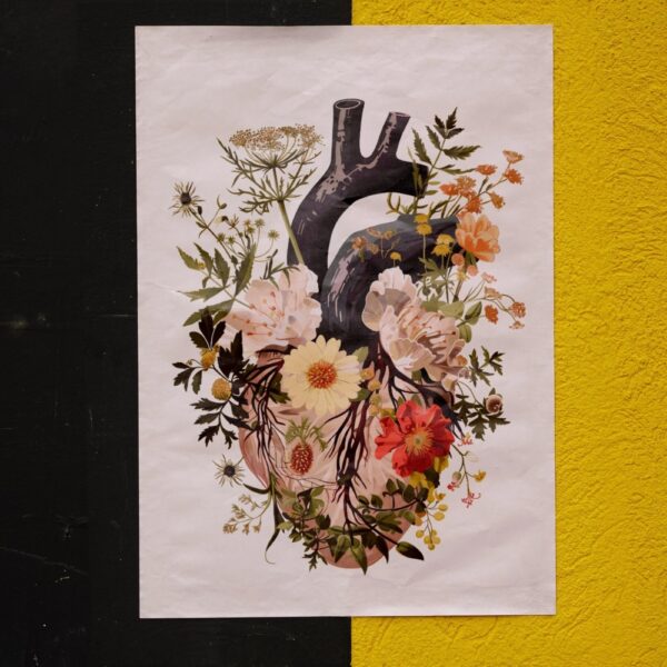 Artistic anatomical heart illustration with blooming botanical flowers – doctor wall decor