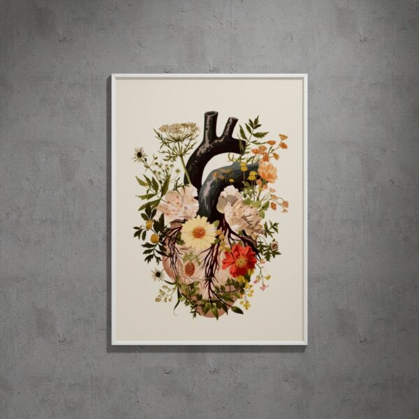 Artistic anatomical heart illustration with blooming botanical flowers – doctor wall decor