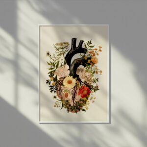 Artistic anatomical heart illustration with blooming botanical flowers – doctor wall decor