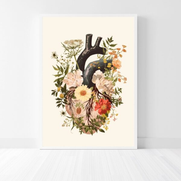 Artistic anatomical heart illustration with blooming botanical flowers – doctor wall decor