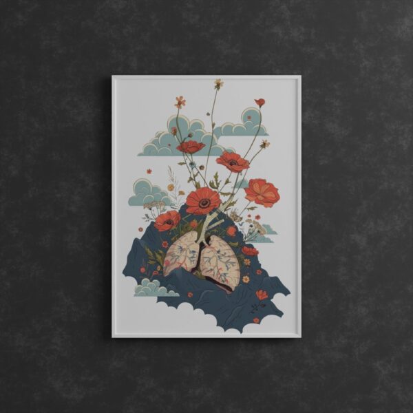 A surreal art print featuring anatomical lungs blossoming into vivid red flowers and stems, set against a dreamy sky with clouds and mountains.
