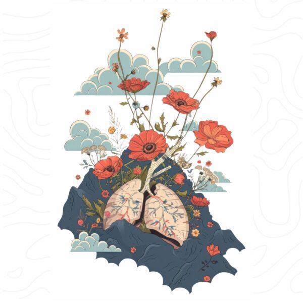 A surreal art print featuring anatomical lungs blossoming into vivid red flowers and stems, set against a dreamy sky with clouds and mountains.