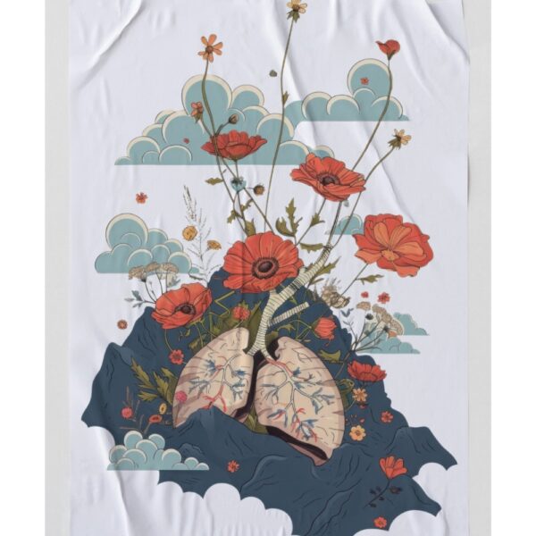 A surreal art print featuring anatomical lungs blossoming into vivid red flowers and stems, set against a dreamy sky with clouds and mountains.