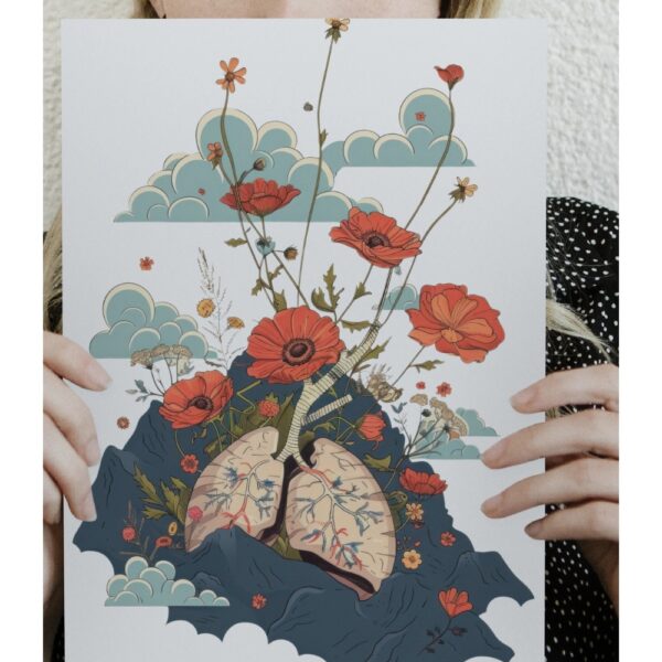 A surreal art print featuring anatomical lungs blossoming into vivid red flowers and stems, set against a dreamy sky with clouds and mountains.