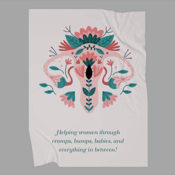 A floral illustration of the female reproductive system with the quote “Helping women through cramps, bumps, babies, and everything in between.”