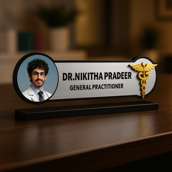 Custom doctor desk name plate with photo and caduceus for general practitioner – personalized acrylic clinic name board
